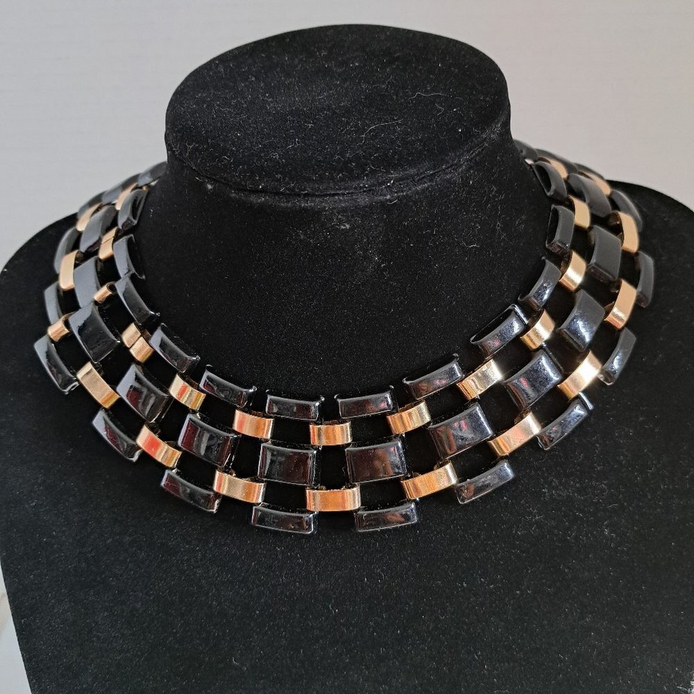 NEW Bijoux Stella Black & Gold Chunky Link Collar Choker Jewelry Necklac…